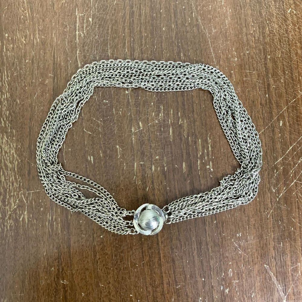 Vintage silver tone multiple chains choker with large charm tab clasp necklace‎